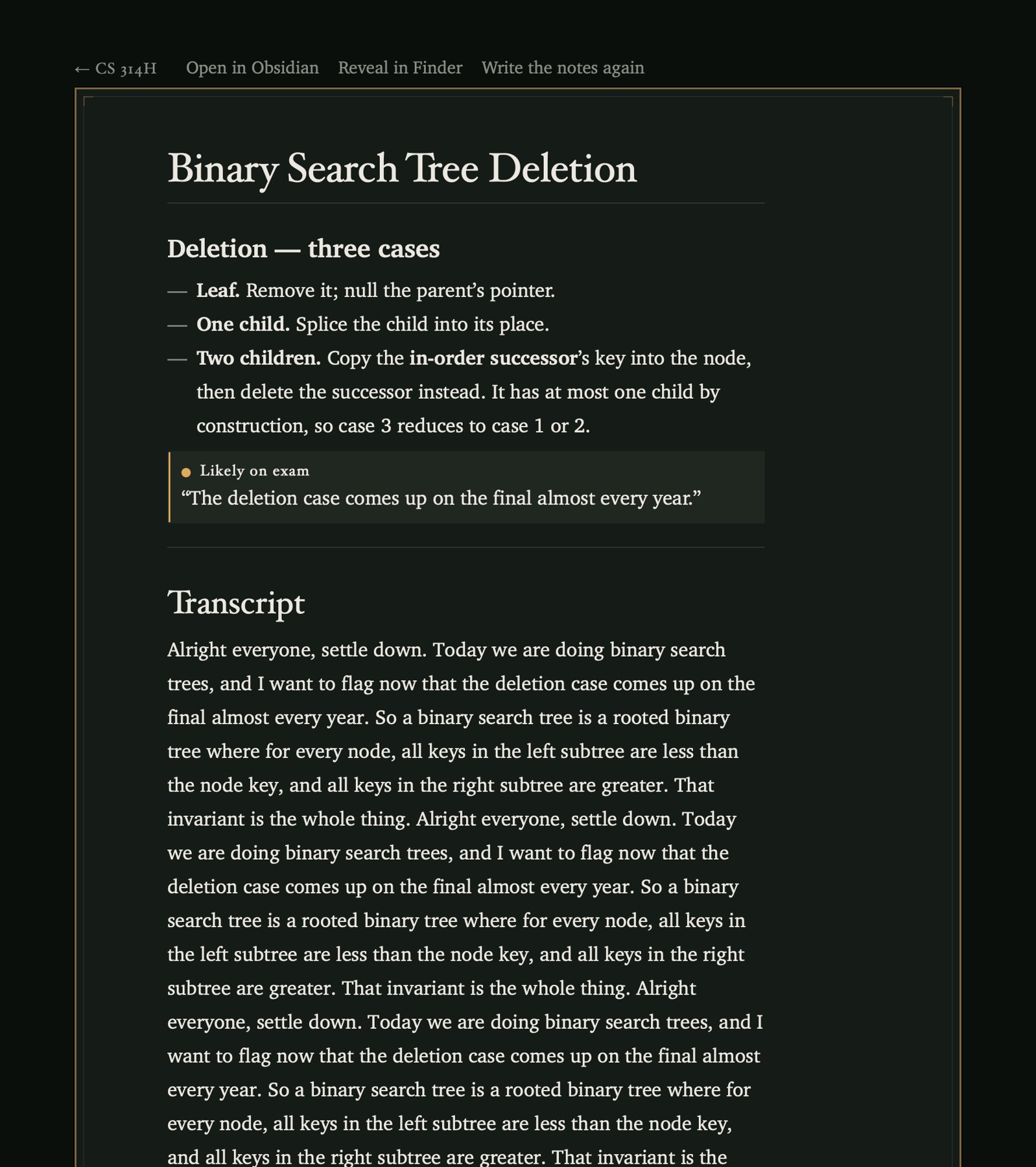 A finished note open in the reader: the title Binary Search Tree Deletion, a section on the three deletion cases as a bulleted list, an amber-marked callout quoting the lecturer saying the deletion case comes up on the final almost every year, and the full transcript below.