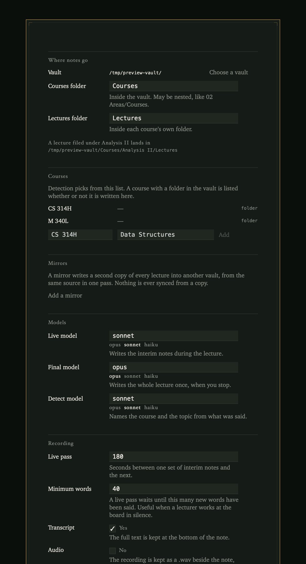 Settings, a tall single column: vault path and courses and lectures folder names with a worked example of the resulting path, a course list, mirrors, three model pickers for the live, final and detection passes, and recording options for the live pass interval and minimum words.
